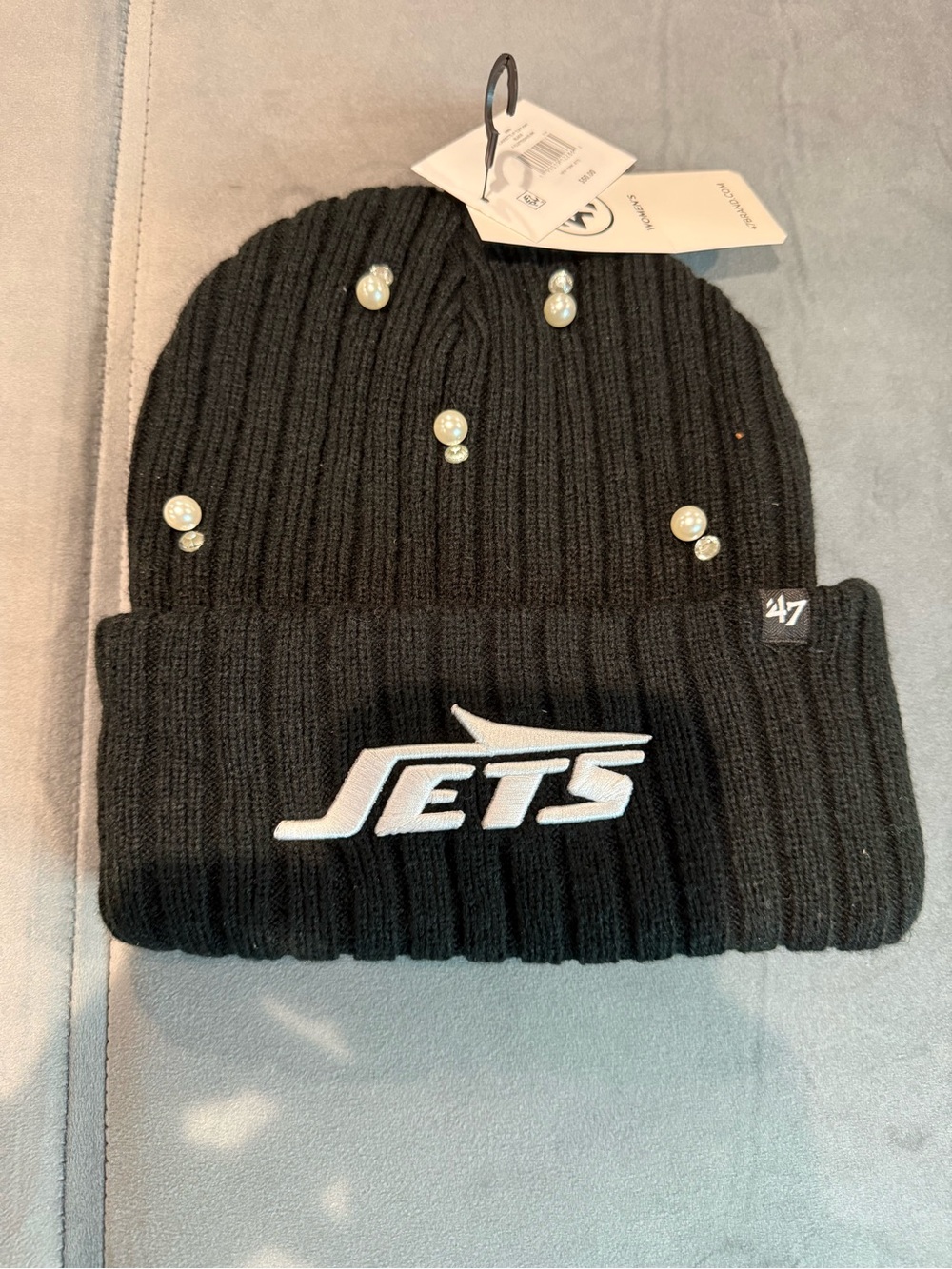47 Black New York Jets Pearl-Accent Cuffed Beanie
